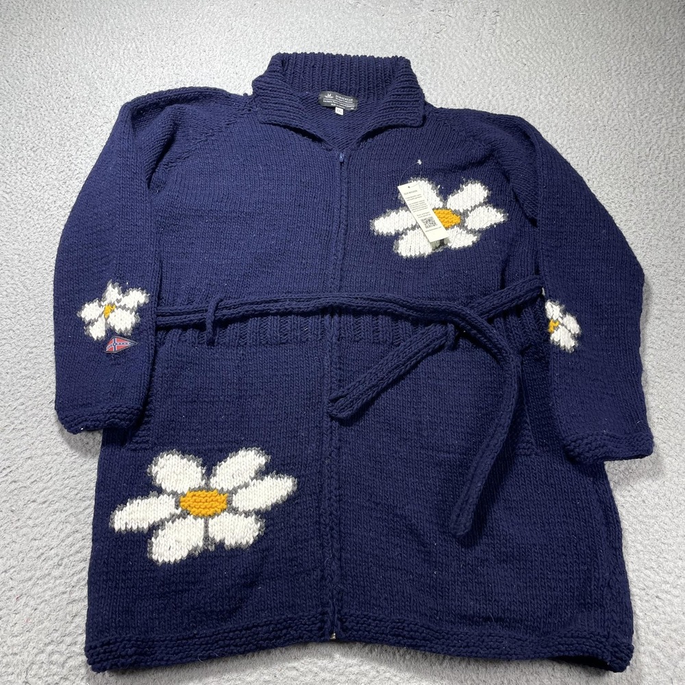 Norskwear Sweater Cardigan Womens XXL Blue Daisy Belted Full Zip Wool Knit